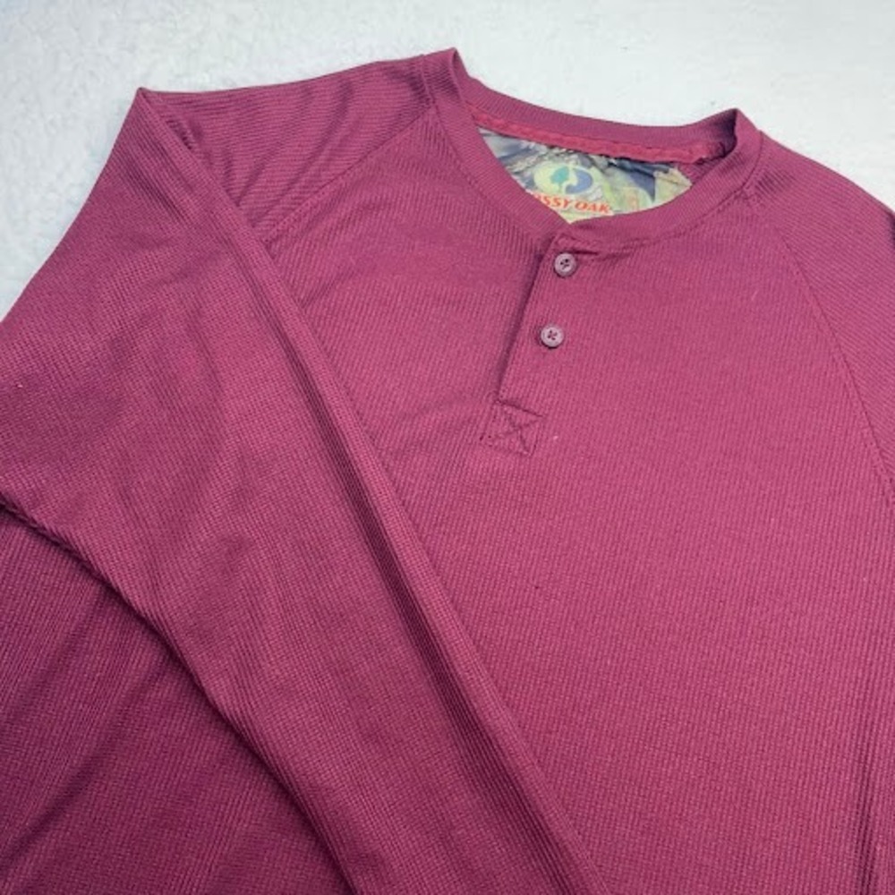 Mossy Oak Waffle Knit Henley Mens L‎ Burgundy Long Sleeve Shirt Casual Top